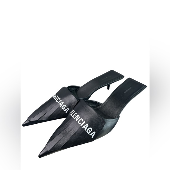 Balenciaga Shoes - Balenciaga Black Pointed Fringe Logo Mule Heels